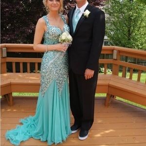 Jasz Couture 4614 Teal Fit & Flare Prom Dress Sequined with Train